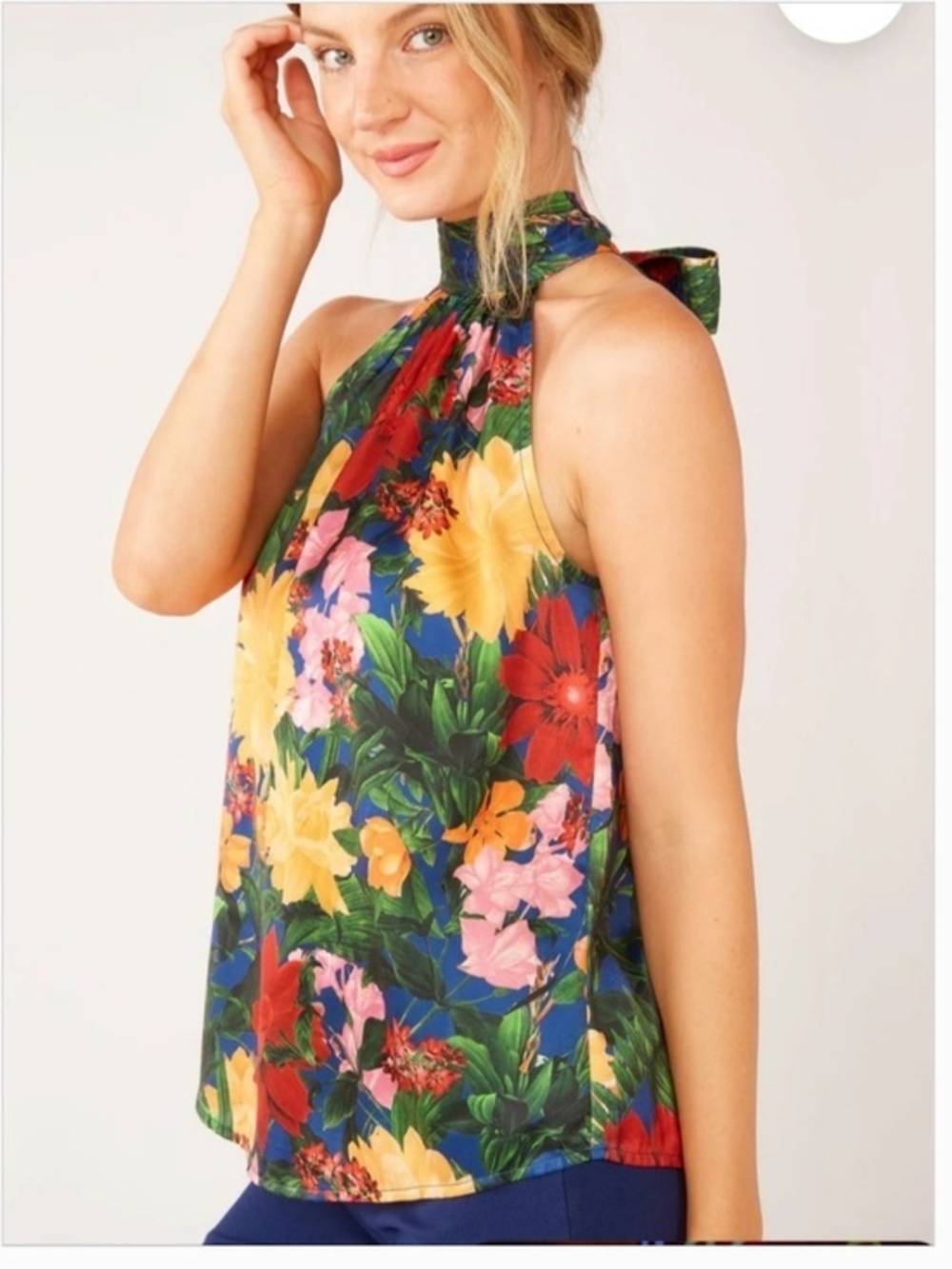Abbey Glass Full Bloom Floral High Neck Bow Sleeveless Blouse Top Nwt M